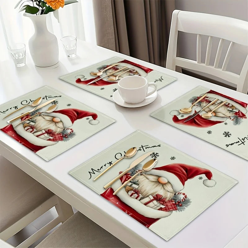 4pcs Christmas Dwarf Placemats,Christmas Fabric Decorative Table Insulation Mats, Suitable for Holiday Dining and Kitchen Table