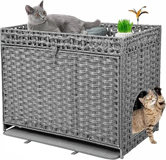 Hidden Litter Box Furniture for Large Cats: Handwoven Rattan Pet House with Door