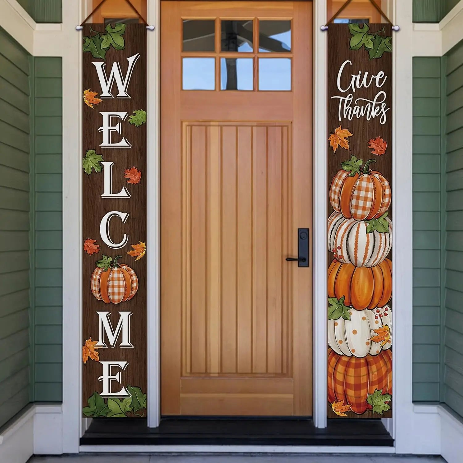 Thanksgiving Give Thanks Porch Banner Sign, Fall Pumpkin Patch Maple Leaves Front Door Decorative Hanging Welcome Banner Flag
