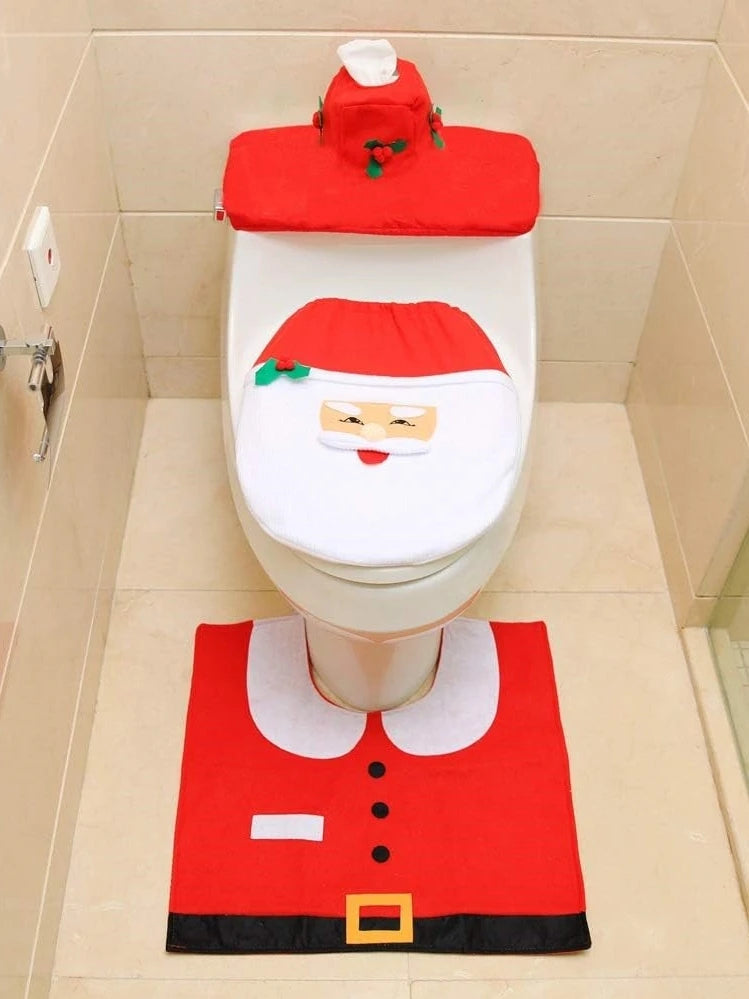 3PCS Christmas Bathroom Decoration Christmas Indoor Home Decor Toilet Set with Toilet Seat Cover,Tank Cover Cover and Rugs Set