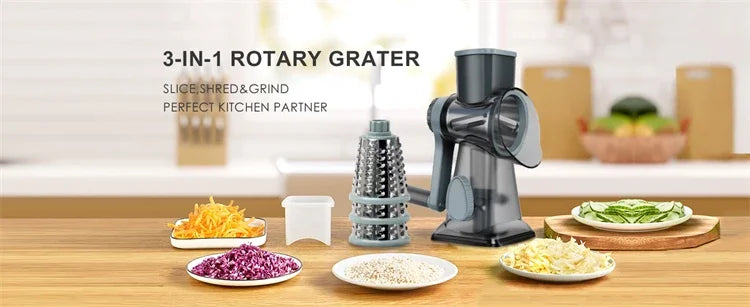 3-in-1 Rotary Cheese/Vegetable Grater & Nut Grinder, Manual Kitchen Slicer with Clear Container for Peanut/Food Prep