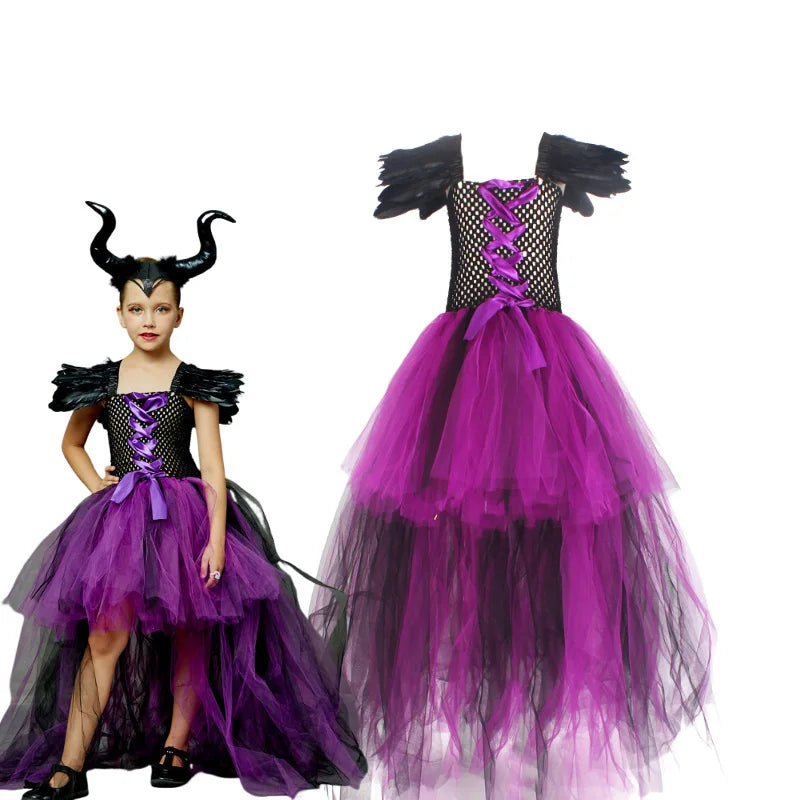 Maleficent Halloween For Children Costume Tulle Purple Black Dress Girls Cosplay Vestidos Party Evil Queen Mesh Princess Dresses