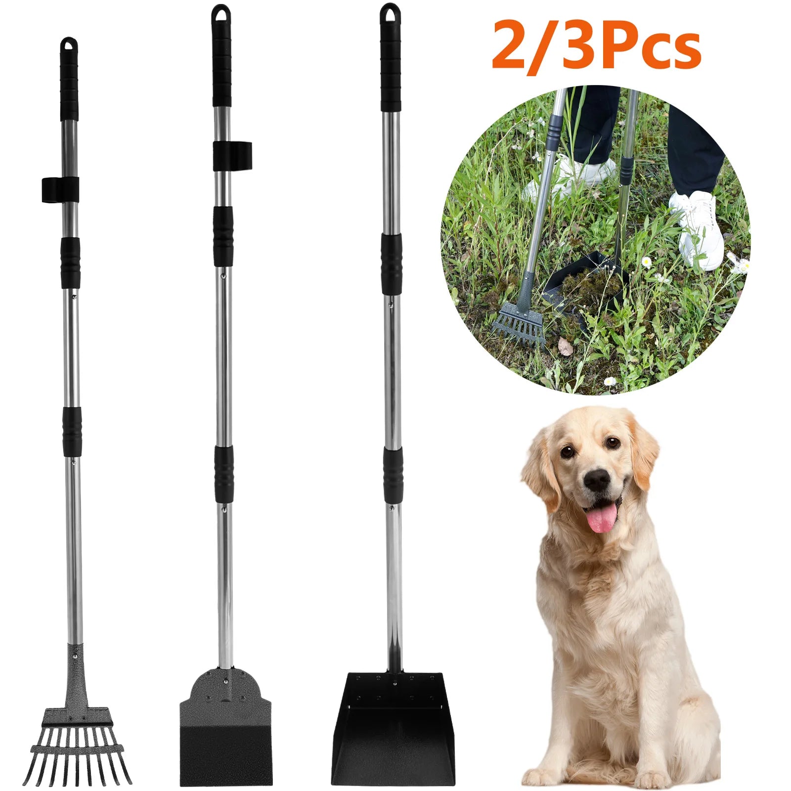 2/3Pcs Pet Pooper Scooper Set with Long Handle Multifunctional Metal Tray Rake Spade Dog Poop Picker For Pet Waste Removal
