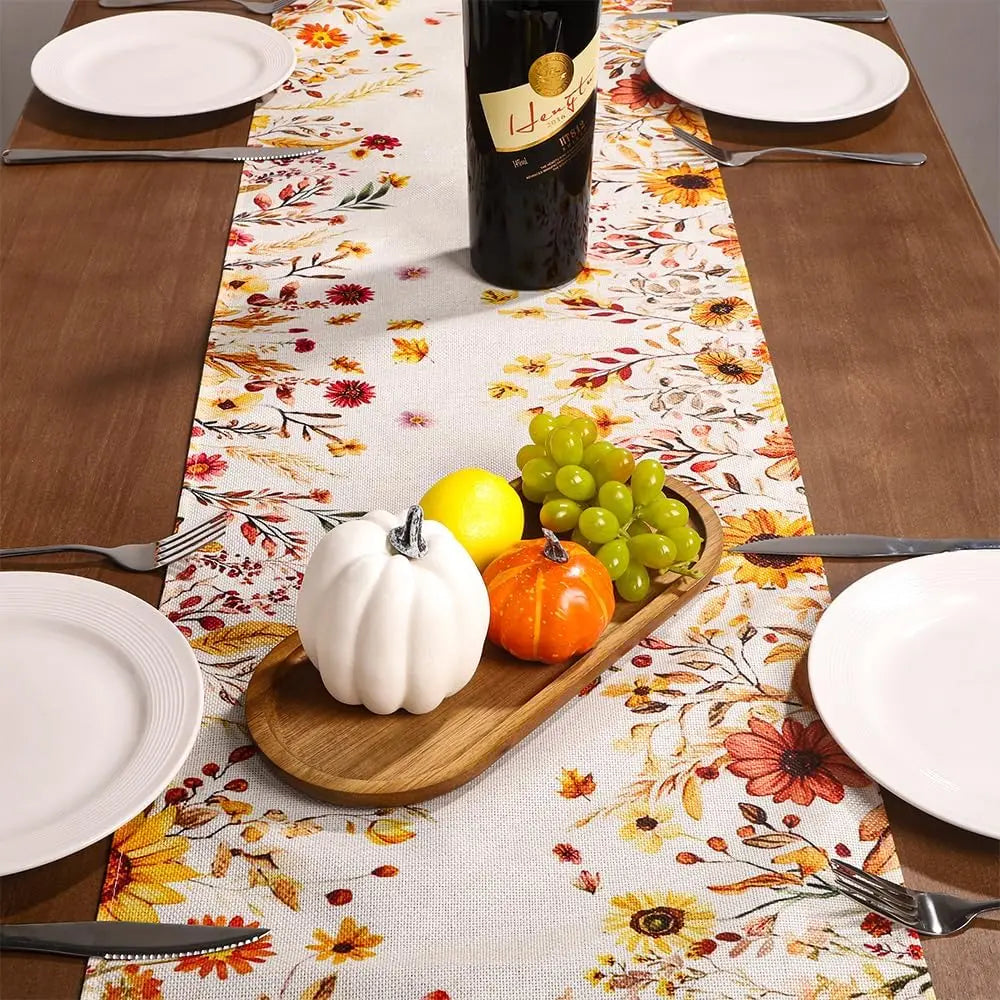 Fall Thanksgiving Plants Leaves Floral Linen Table Runner Tabletop Decor Farmhouse Kitchen Dining Table Runner Party Decor