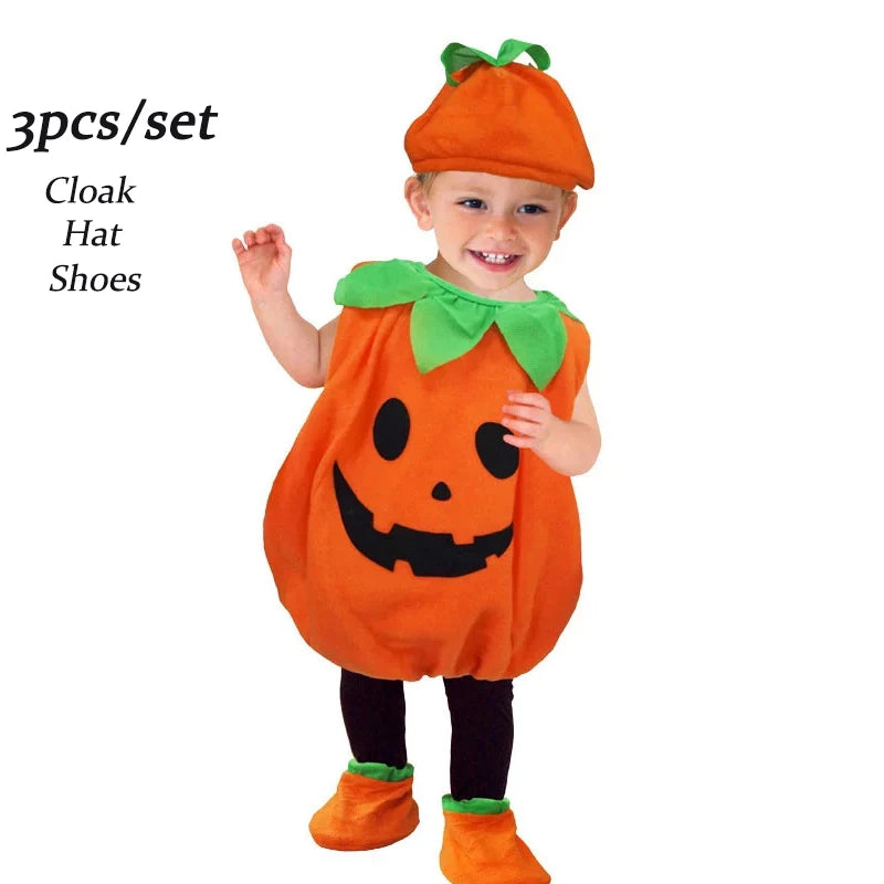 2025 Kids Halloween Party Costume Pumpkin Romper with Hat Shoes Toddler One-Piece Boy Girl Baby Jumpsuit Cosplay Clothing Set