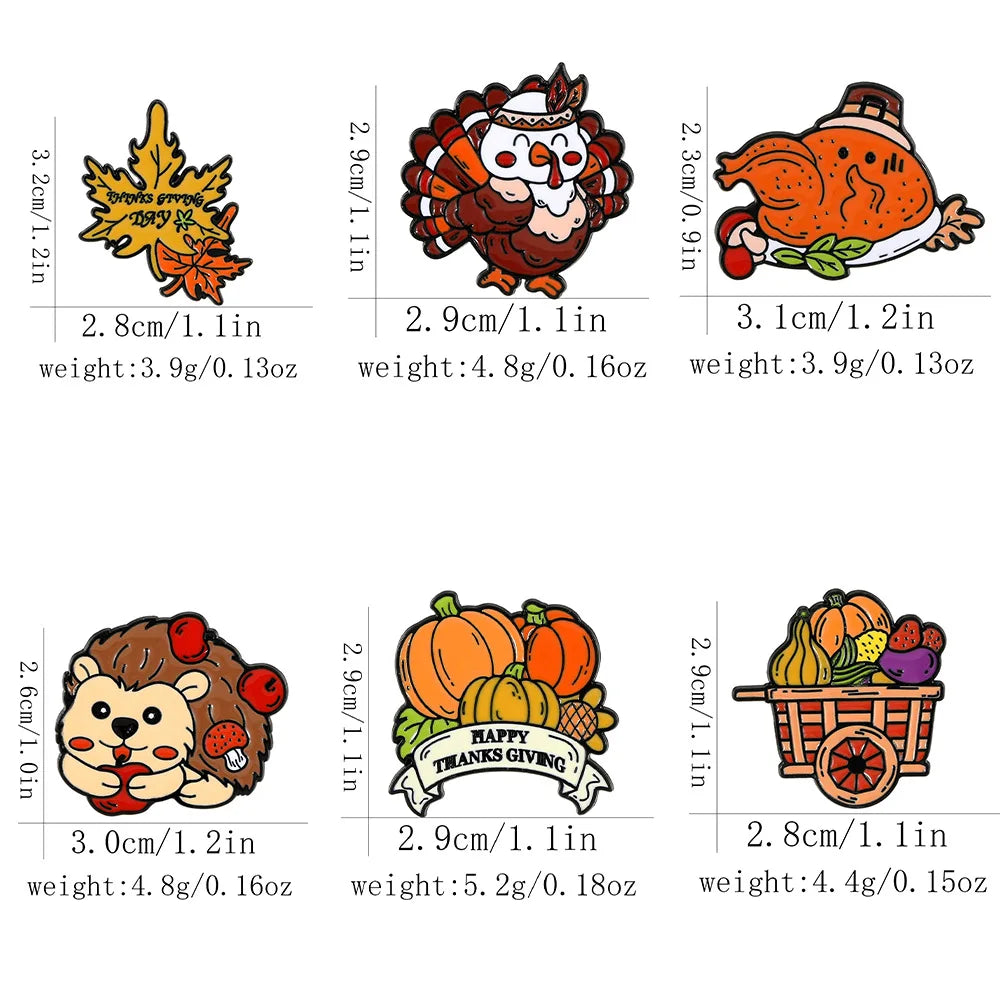 Cute Cartoon Thanksgiving Enamel Brooch Creative Animal Hedgehog Pumpkin Turkey Lapel Pin Badge Backpack Clothing Accessories
