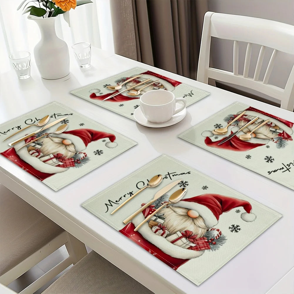 4pcs Christmas Dwarf Placemats,Christmas Fabric Decorative Table Insulation Mats, Suitable for Holiday Dining and Kitchen Table