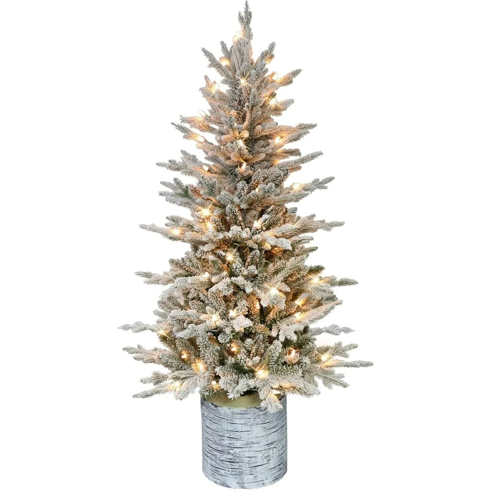 Puleo International 4.5ft Pre-Lit Potted Flocked Arctic Fir Christmas Tree with 70 Clear Lights, 419 Realistic Dense Branch Tips