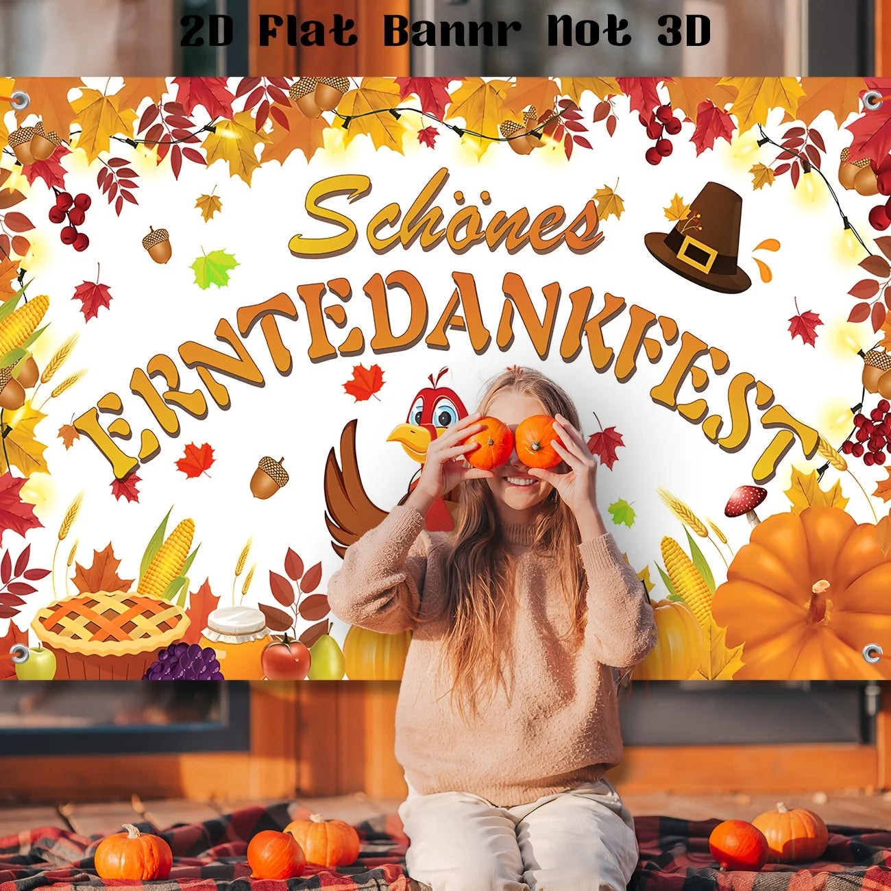 2D Flat Banner Fall Thanksgiving Decorations Happy Thanksgiving Day Hanging Banner Glücklicher Erntedankfest Banner Turkey Pumpk