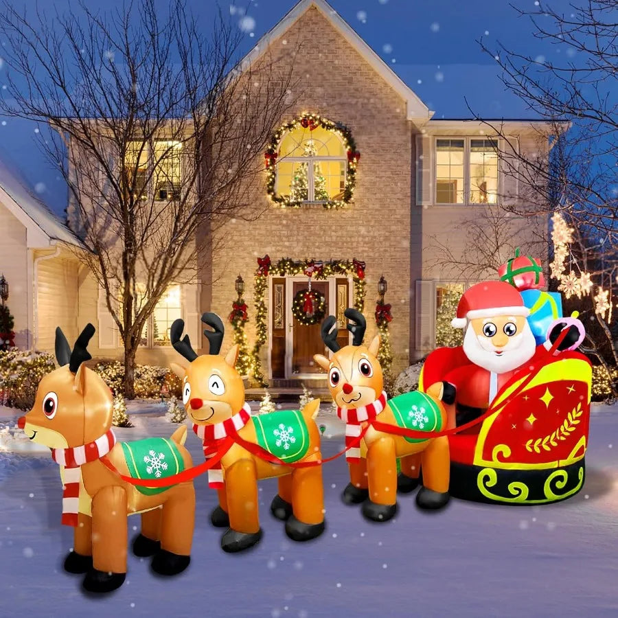 Giant Inflatable Outdoor Decoration Santa Claus on Sleigh with 3 Reindeer Builtin LED Light for Lawn Party Holiday Christmas De