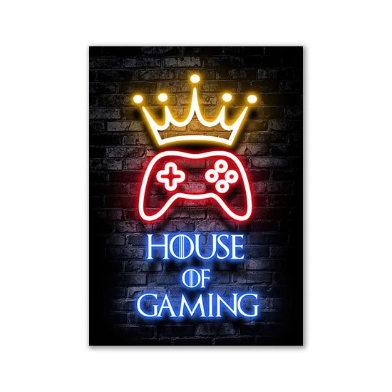 Motivational Neon Effect Game Slogan Pictures Flat Printed on Canvas Wall Posters and Paintings for Game Room Decor Gamers’ Gift