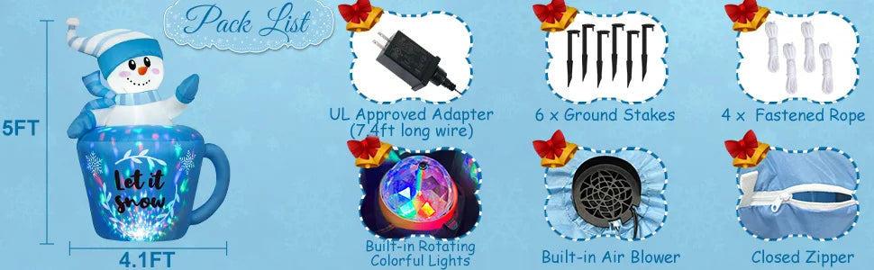 OurWarm 5FT Christmas Inflatable Snowman in Mug,Adorable Blue Snowman Blow Up Awaiting the Snow,for Yard Lawn Winter Inflatables