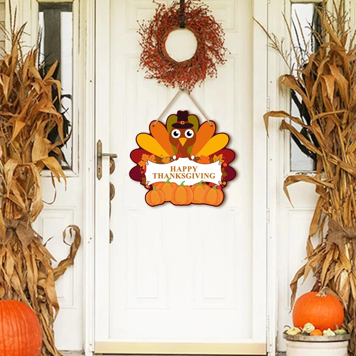 Thanksgiving themed wooden hanging sign decoration with cute turkey, pumpkin , Happy Thanksgiving message wood board sign