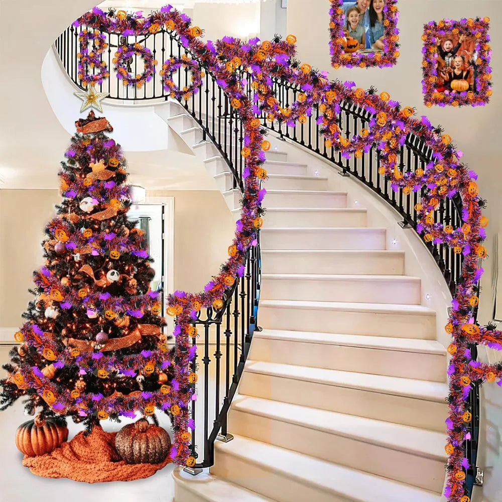 2m Halloween Wreath Pendant  Bat Pumpkin Glitter Plastic Halloween Door Hanging for Home Garden Decoration Halloween Decoration