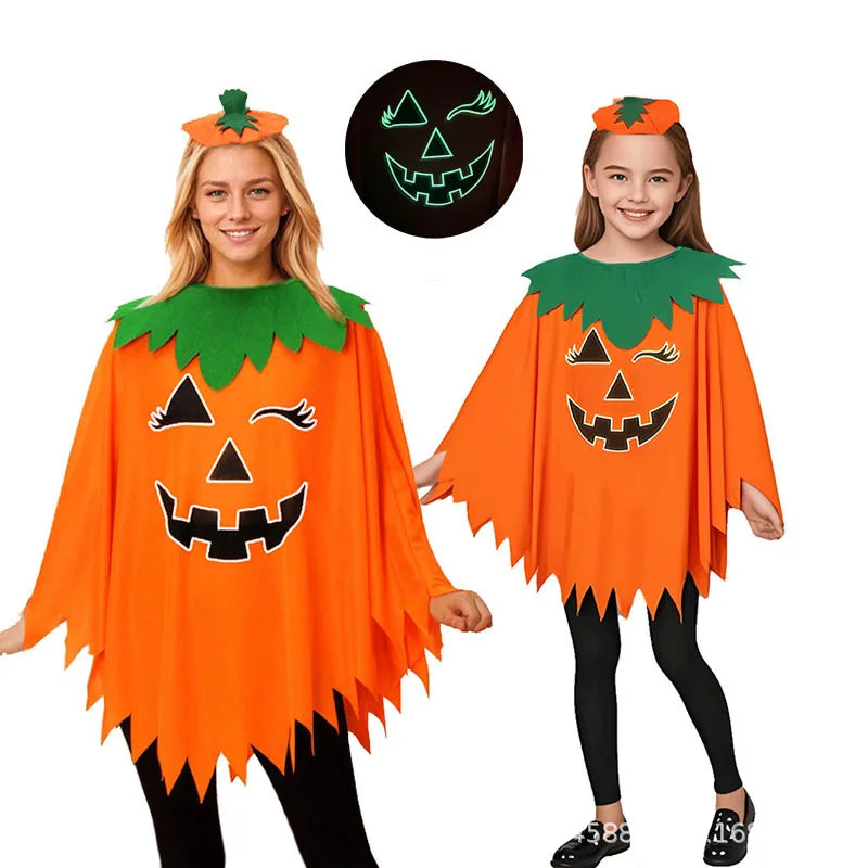 2PCS Halloween Pumpkin Costume for Women Girls Glow in the Dark Pumpkin Poncho with Headwear Unisex Party Clothes
