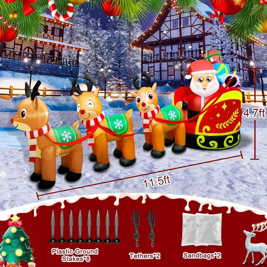 Giant Inflatable Outdoor Decoration Santa Claus on Sleigh with 3 Reindeer Builtin LED Light for Lawn Party Holiday Christmas De