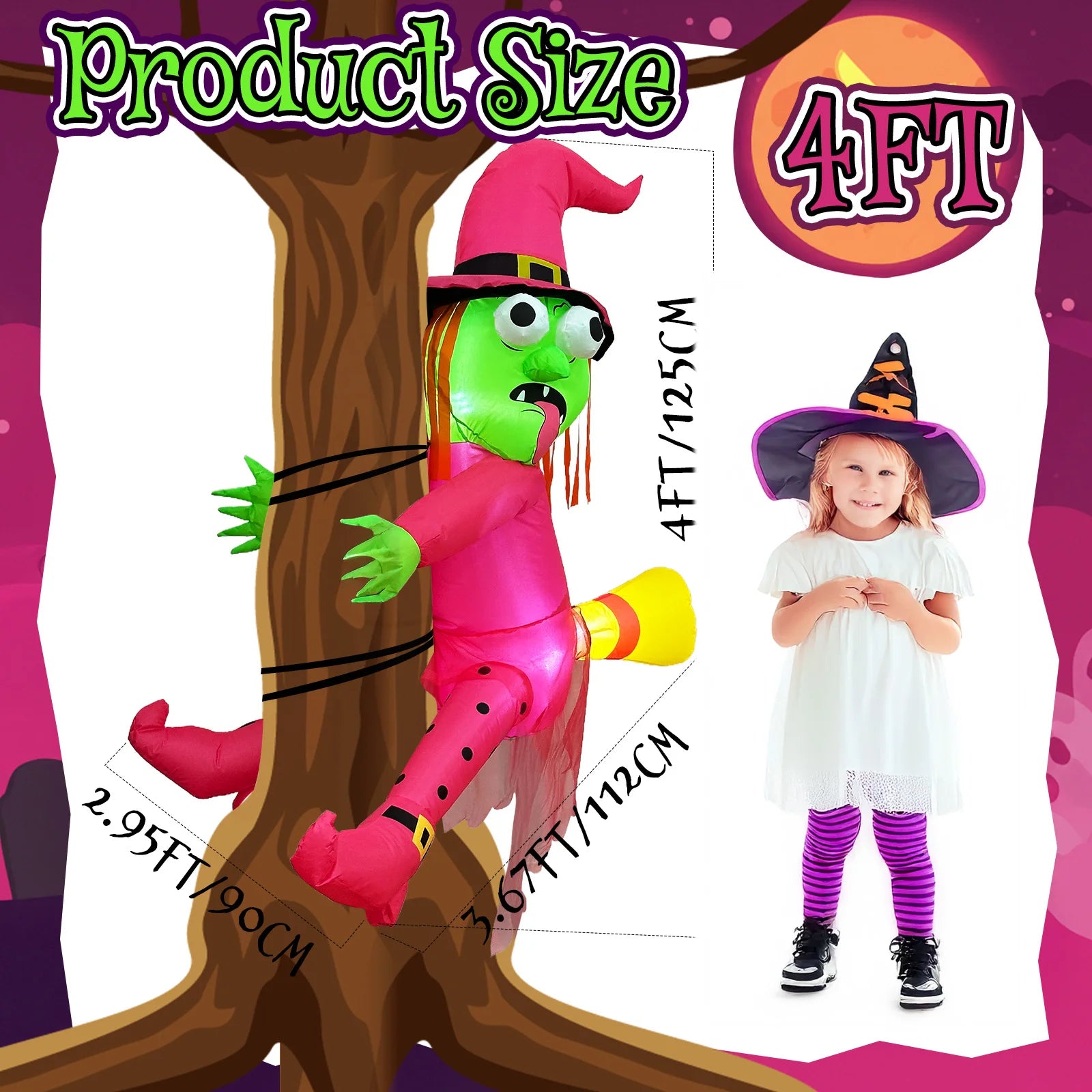 OurWarm Pink 4FT Halloween Inflatables Witch Outdoor Decor, Funny Blow Ups Witch Crashing into Tree,for Tree, Yard, Door, Window