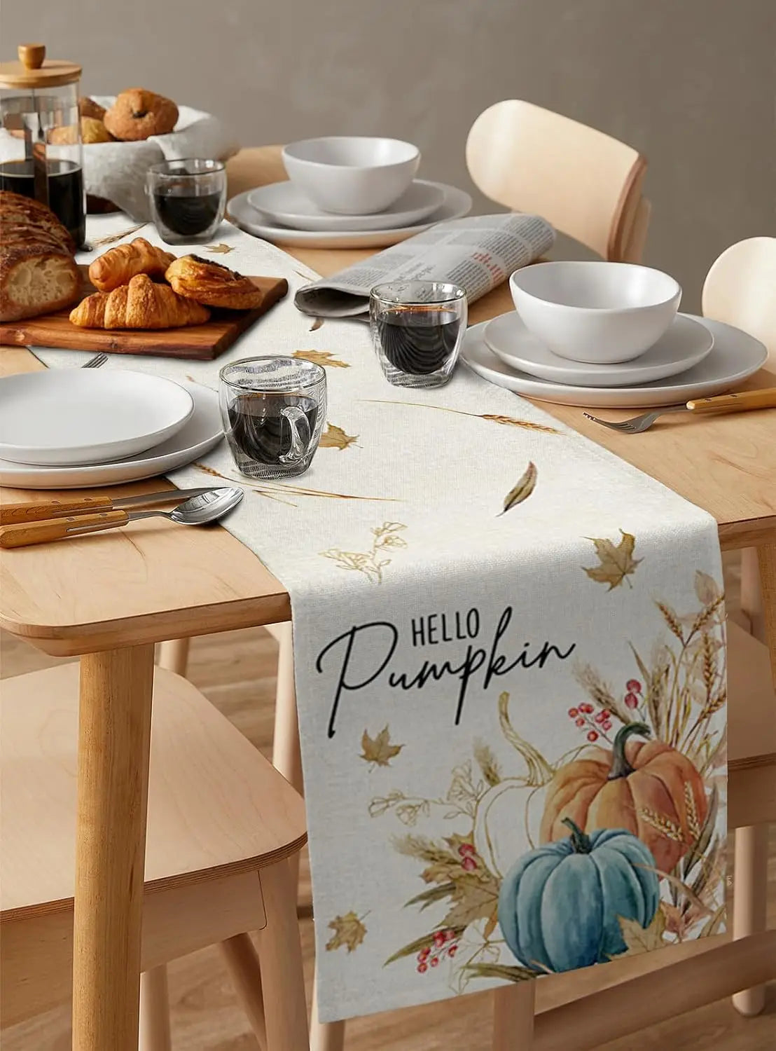 Fall Pumpkin Maple Leaf Wheat Linen Table Runner Party Decor Autumn Harvest Kitchen Dining Table Runner Thanksgiving Decorations