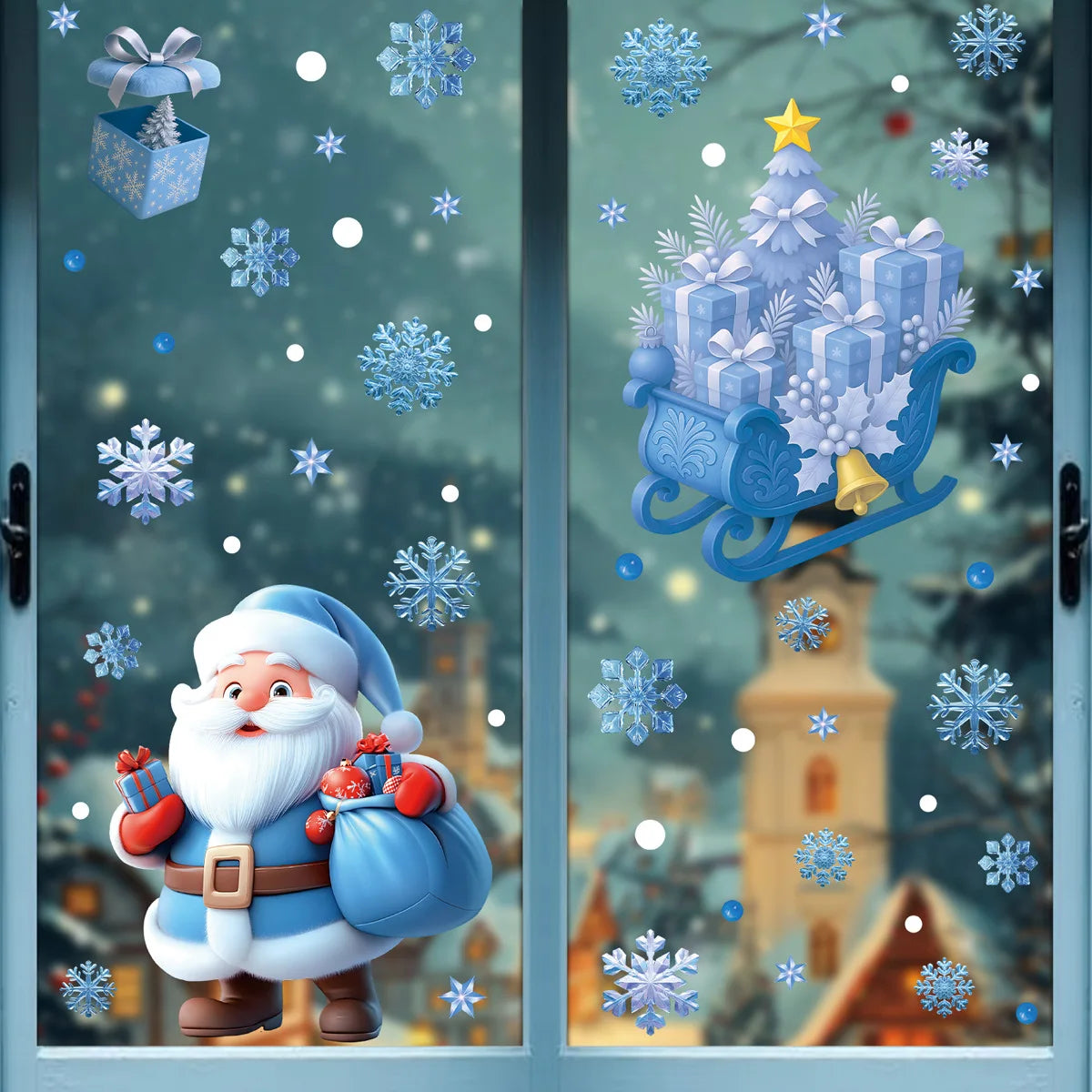 Christmas Decorative Window Stickers Cartoon Santa Snowmen Bells Static Glass Christmas  Decorations for Holiday Party Xmas