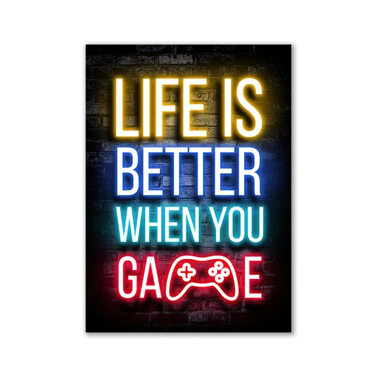 Motivational Neon Effect Game Slogan Pictures Flat Printed on Canvas Wall Posters and Paintings for Game Room Decor Gamers’ Gift