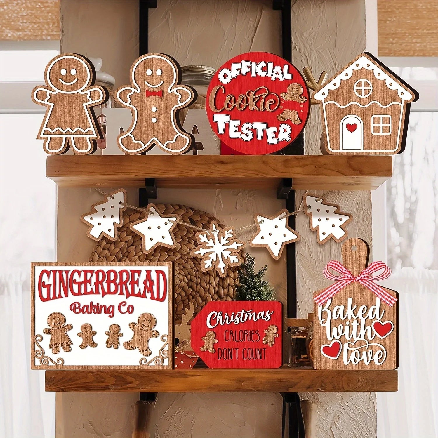12-Piece Wooden Christmas Tiered Tray Set: Featuring Colorful Snowmen, Gingerbread, and Santa Signs for Festive Cheer