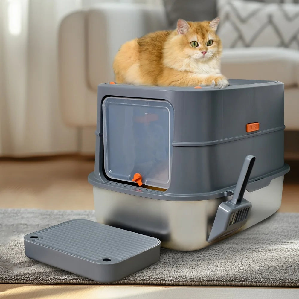 Extra Large Stainless Steel Cat Litter Box Full Enclosed Cat Litter Tray Pan High Sided Enclosure Removable Lid with Scoop