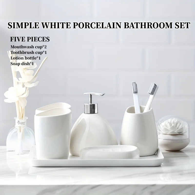 Complete Ceramic Bathroom Accessories Set with Soap Dispenser Tumbler Toothbrush Holder and Soap Dish Bathroom Organizer