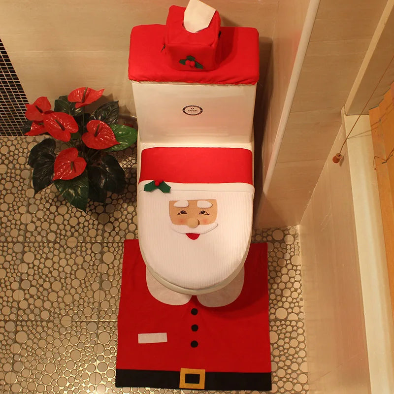 3PCS Christmas Bathroom Decoration Christmas Indoor Home Decor Toilet Set with Toilet Seat Cover,Tank Cover Cover and Rugs Set