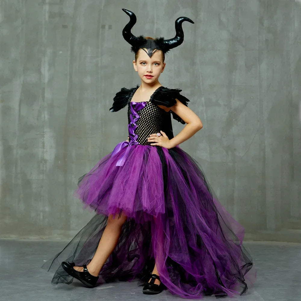 Maleficent Halloween For Children Costume Tulle Purple Black Dress Girls Cosplay Vestidos Party Evil Queen Mesh Princess Dresses