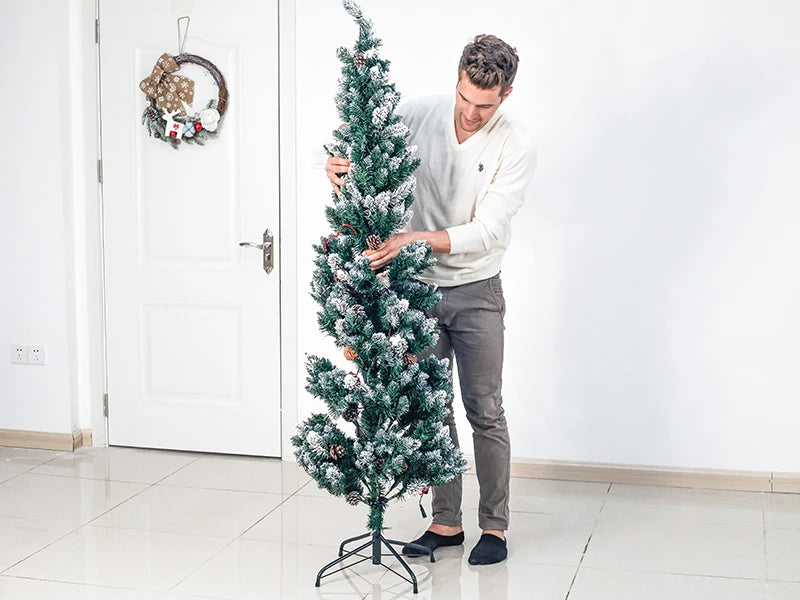 Homde Pencil Christmas Tree 5 Foot Pre-Lit Artificial Christmas Tree Flocked Snow Pine Cone 140 Warm White Light Holiday Decor