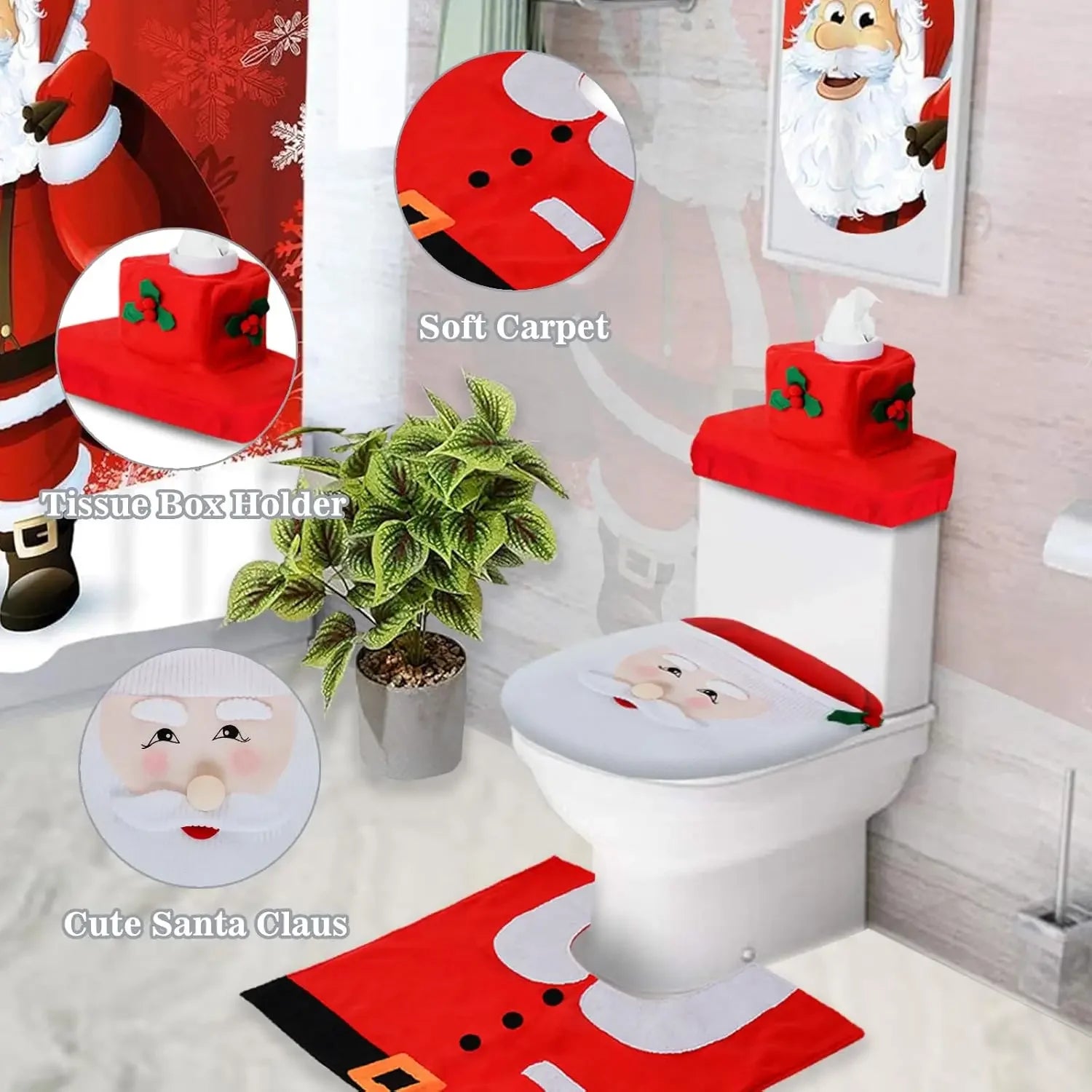 3PCS Christmas Bathroom Decoration Christmas Indoor Home Decor Toilet Set with Toilet Seat Cover,Tank Cover Cover and Rugs Set