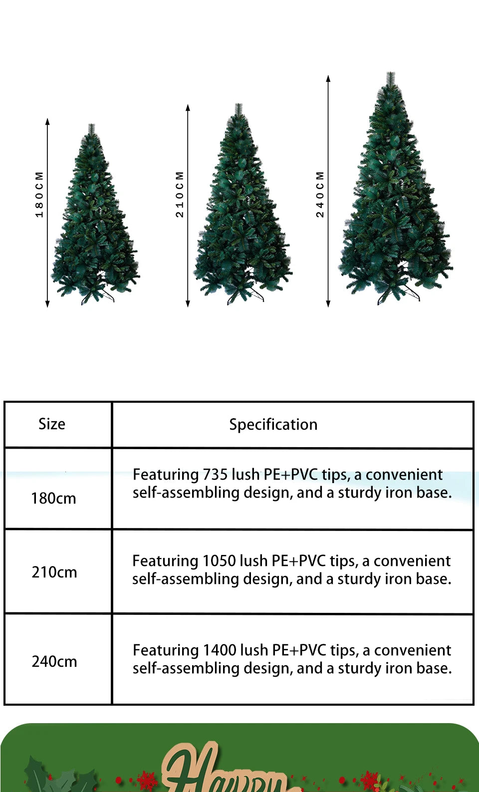 Pre-Lit Pop Up Christmas Tree 180cm 210cm 240cm, Easy Setup Artificial PVC Pine Needle Xmas Tree with Iron Base for Home Decor