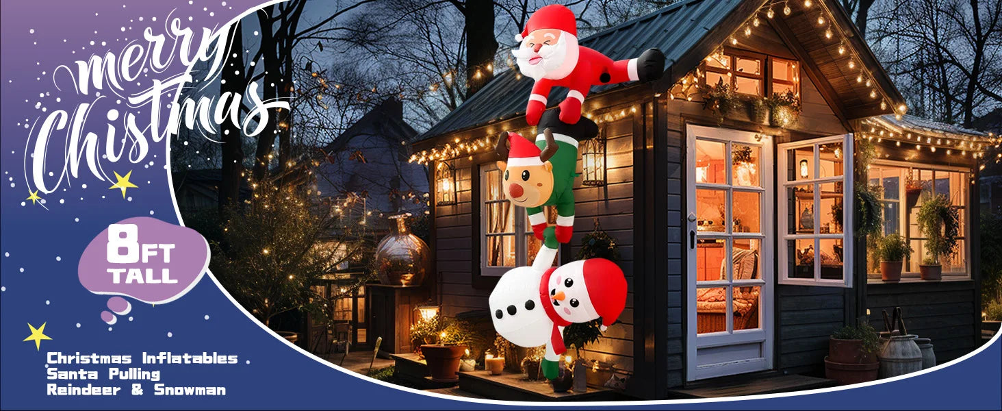 8FT Christmas Inflatables Decor, Climbing Santa Claus with Reindeer & Snowman/Elves, Xmas Decor for Beam Roof Tree Indoor Party