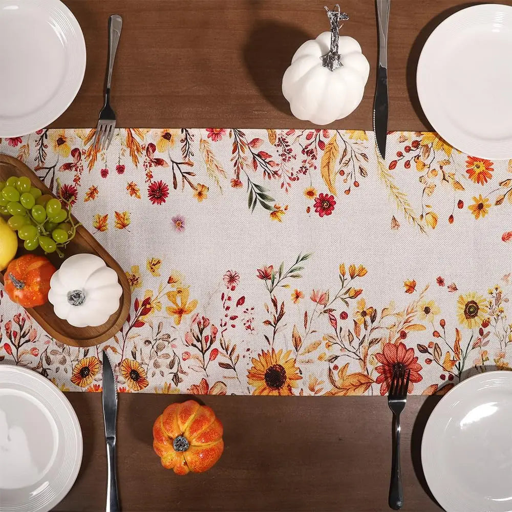 Fall Thanksgiving Plants Leaves Floral Linen Table Runner Tabletop Decor Farmhouse Kitchen Dining Table Runner Party Decor