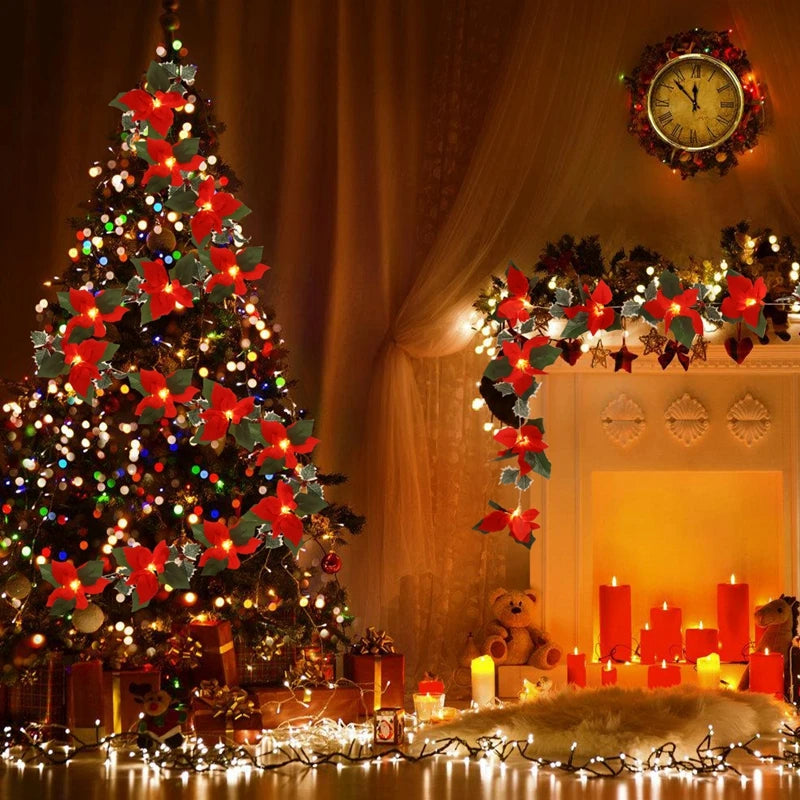 2M10LED Christmas Garland Lighting Strings Artificial Red Flowers Holly Leaves  for Home 2024 Xmas Ornament New Year Gifts 2025