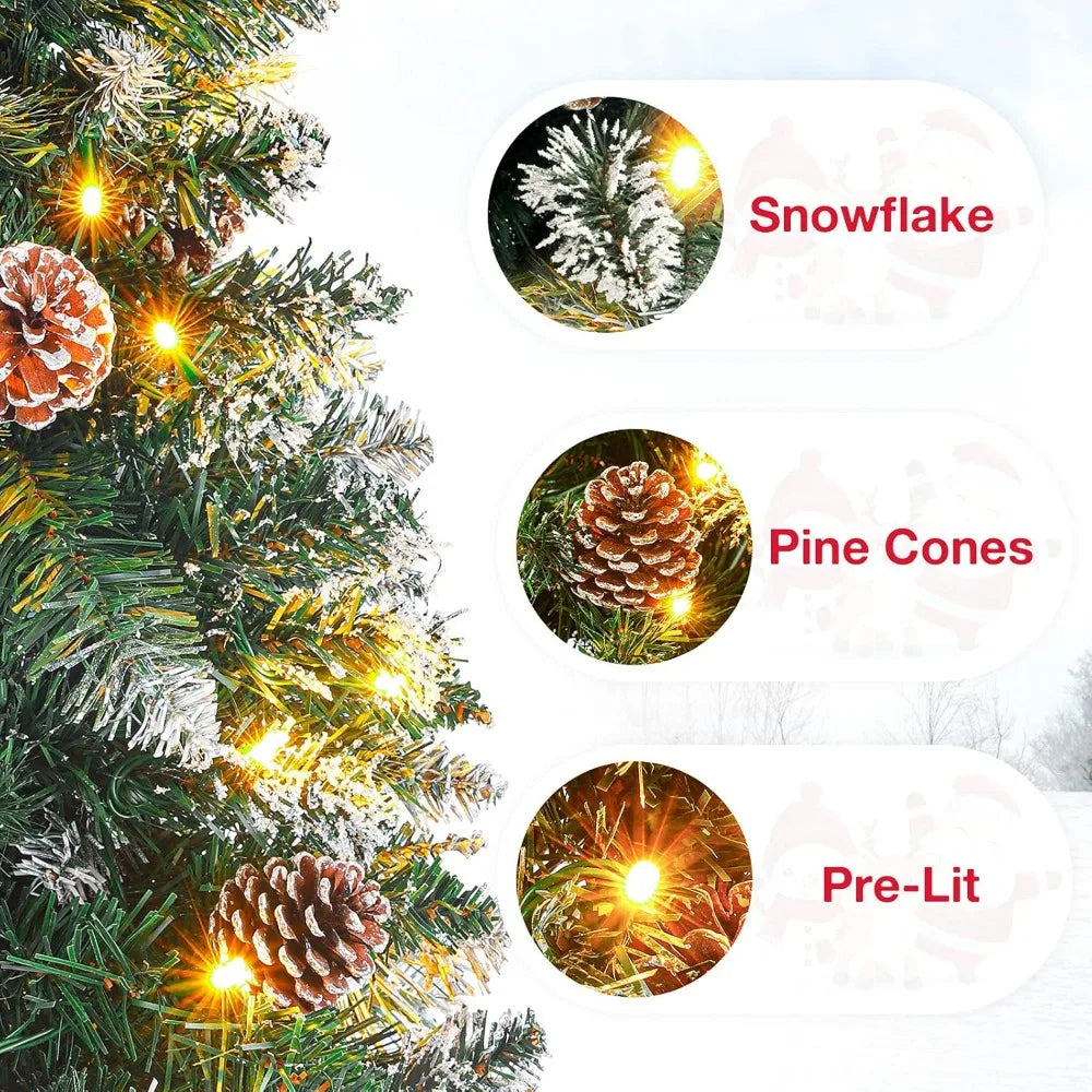 Homde Pencil Christmas Tree 5 Foot Pre-Lit Artificial Christmas Tree Flocked Snow Pine Cone 140 Warm White Light Holiday Decor