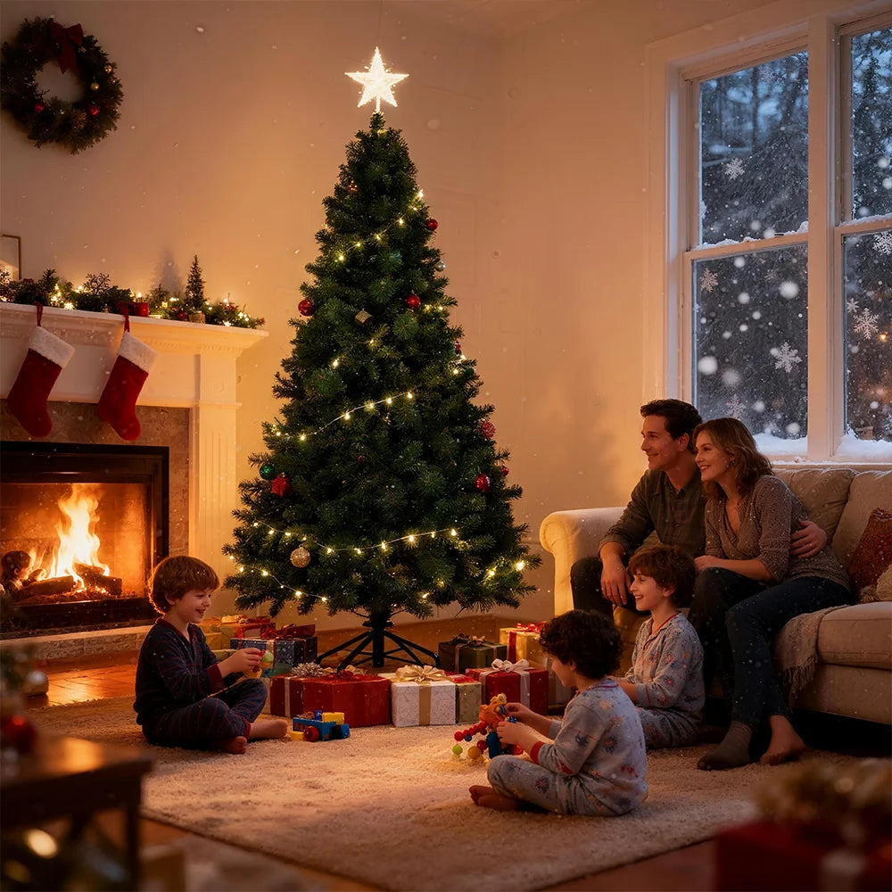 Pre-Lit Pop Up Christmas Tree 180cm 210cm 240cm, Easy Setup Artificial PVC Pine Needle Xmas Tree with Iron Base for Home Decor