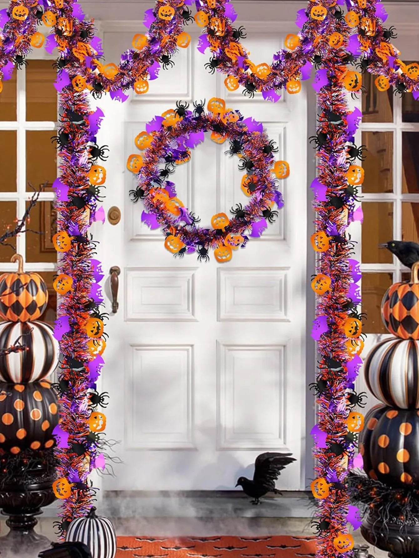 2m Halloween Wreath Pendant  Bat Pumpkin Glitter Plastic Halloween Door Hanging for Home Garden Decoration Halloween Decoration