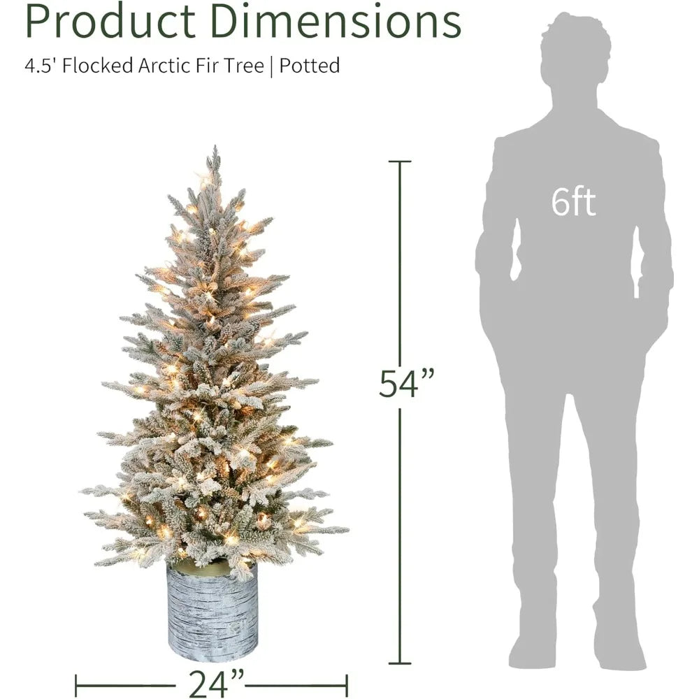 Puleo International 4.5ft Pre-Lit Potted Flocked Arctic Fir Christmas Tree with 70 Clear Lights, 419 Realistic Dense Branch Tips