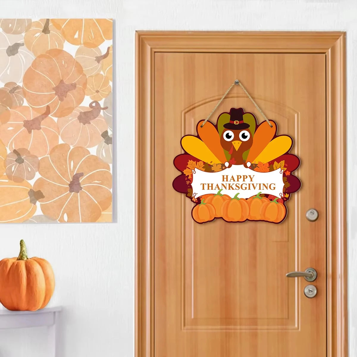 Thanksgiving themed wooden hanging sign decoration with cute turkey, pumpkin , Happy Thanksgiving message wood board sign