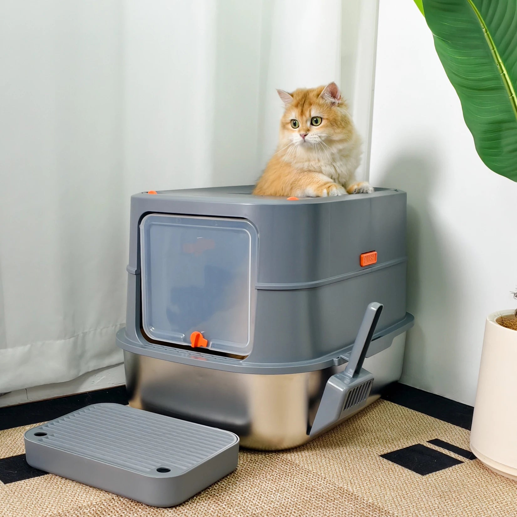 Extra Large Stainless Steel Cat Litter Box Full Enclosed Cat Litter Tray Pan High Sided Enclosure Removable Lid with Scoop