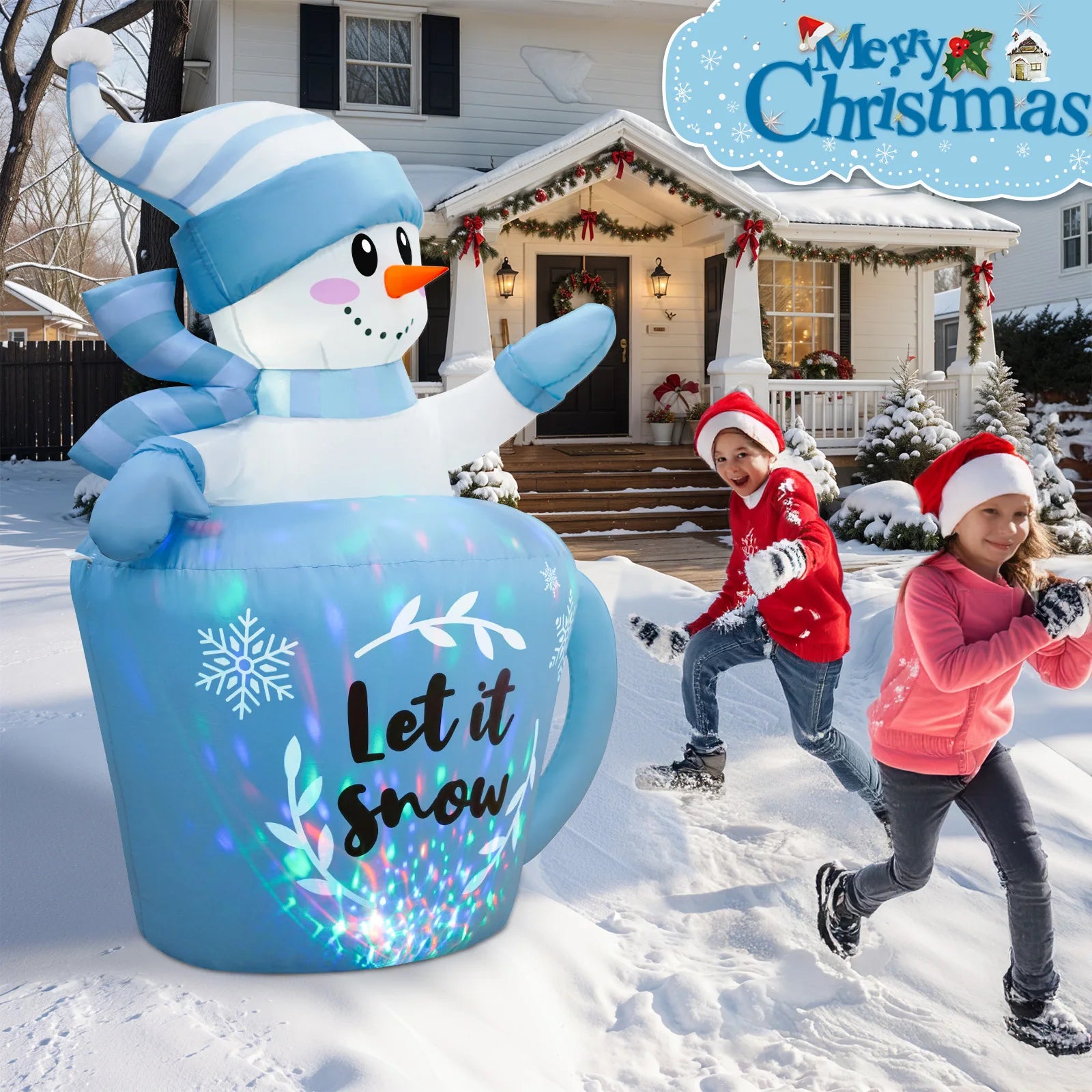 OurWarm 5FT Christmas Inflatable Snowman in Mug,Adorable Blue Snowman Blow Up Awaiting the Snow,for Yard Lawn Winter Inflatables