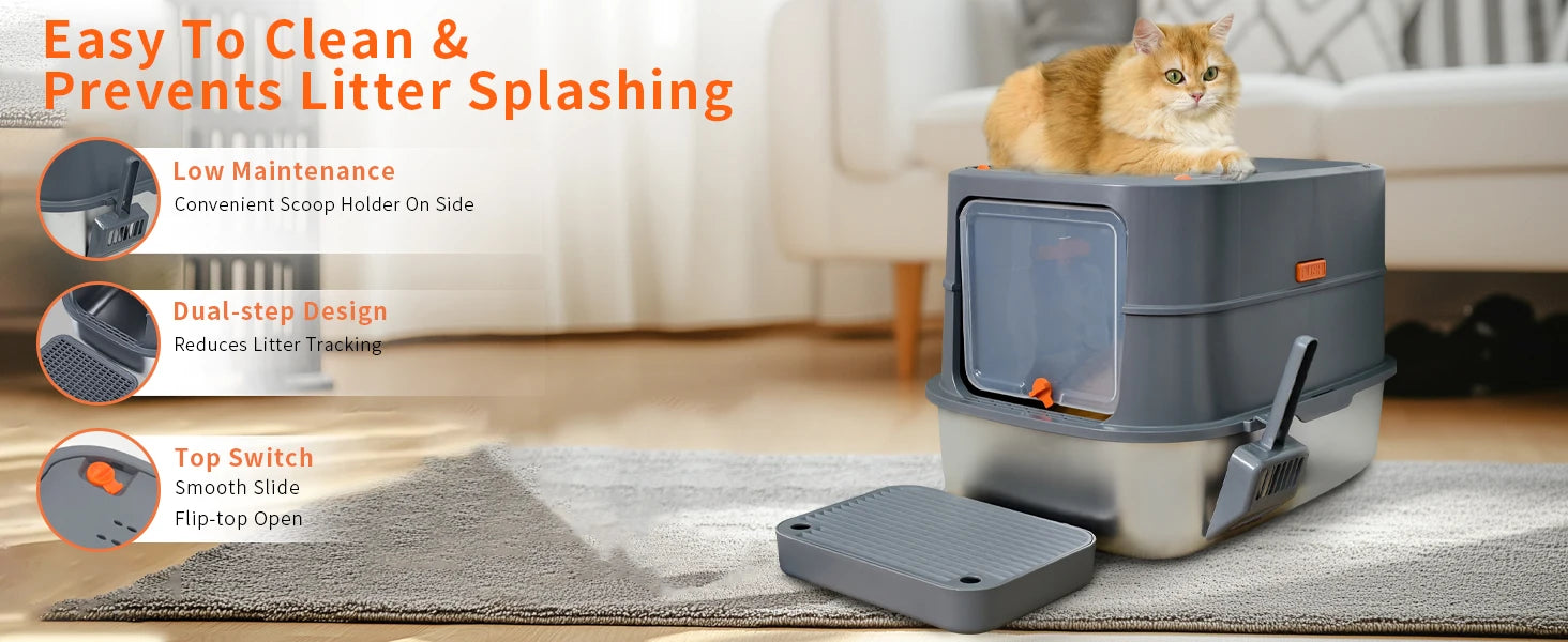 Extra Large Stainless Steel Cat Litter Box Full Enclosed Cat Litter Tray Pan High Sided Enclosure Removable Lid with Scoop