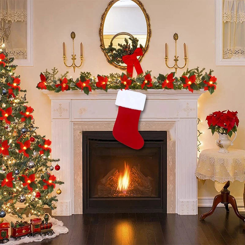 2M10LED Christmas Garland Lighting Strings Artificial Red Flowers Holly Leaves  for Home 2024 Xmas Ornament New Year Gifts 2025