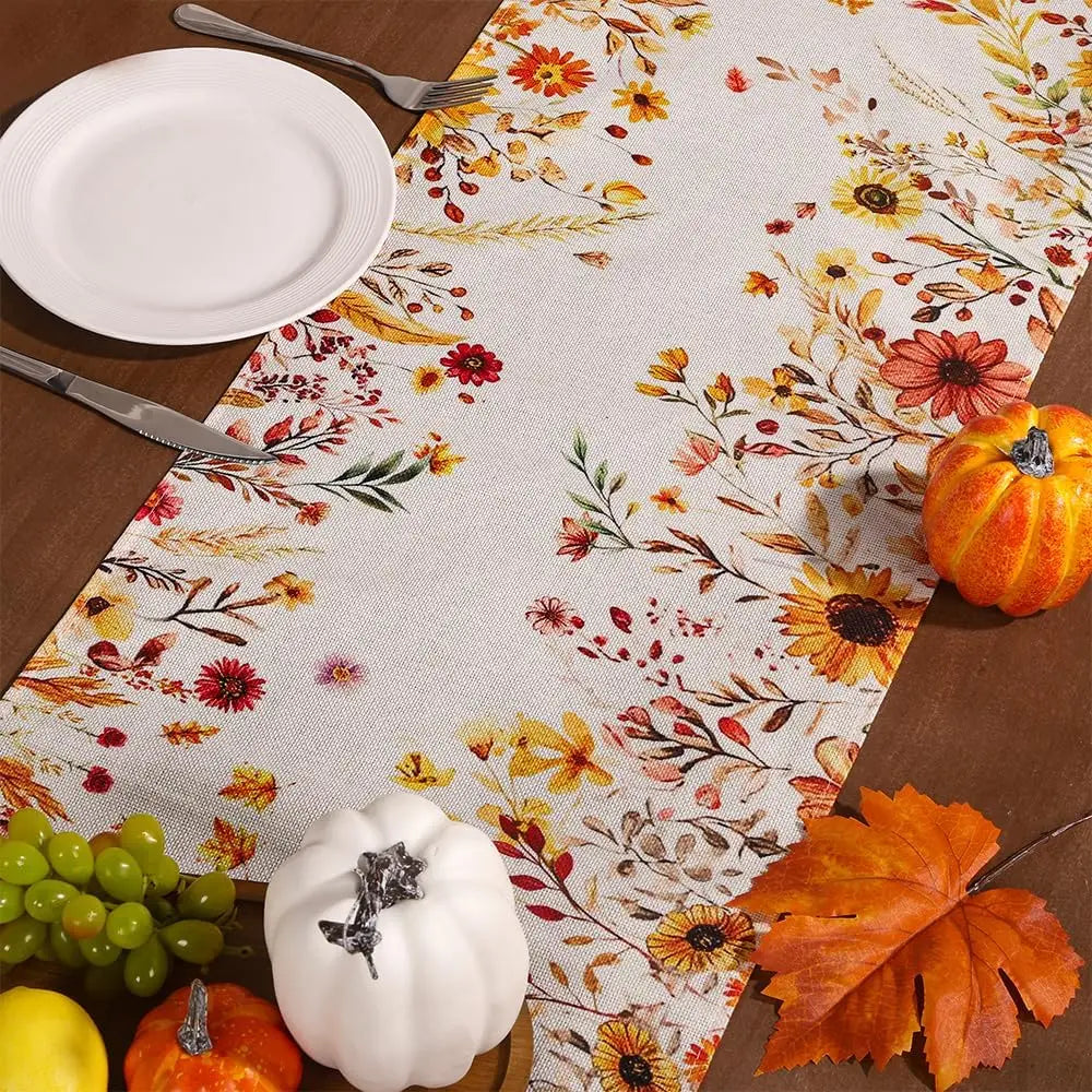 Fall Thanksgiving Plants Leaves Floral Linen Table Runner Tabletop Decor Farmhouse Kitchen Dining Table Runner Party Decor