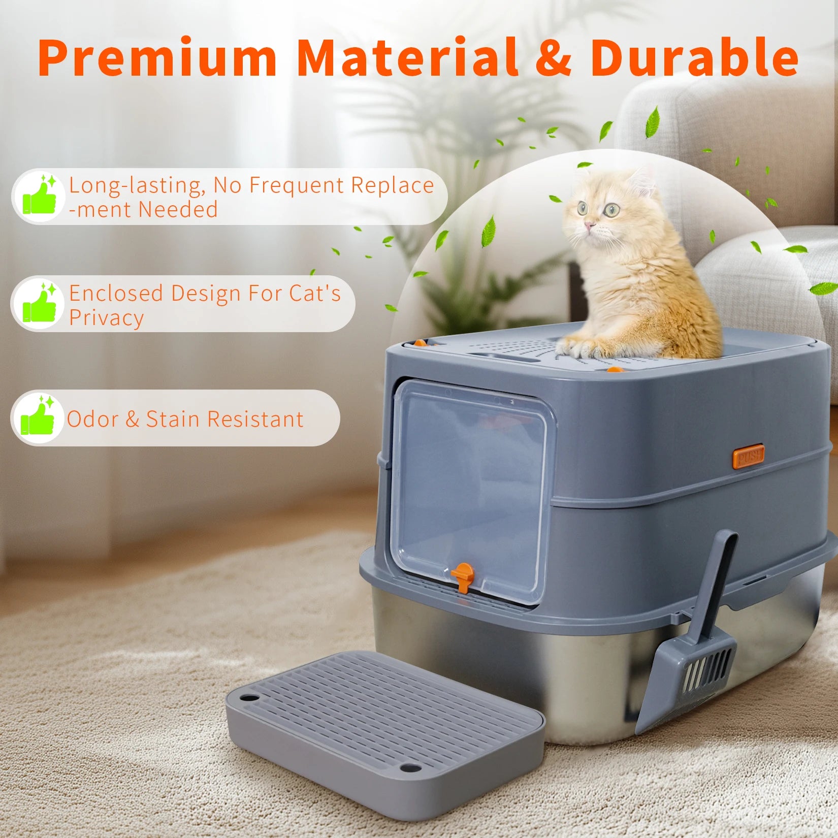 Extra Large Stainless Steel Cat Litter Box Full Enclosed Cat Litter Tray Pan High Sided Enclosure Removable Lid with Scoop