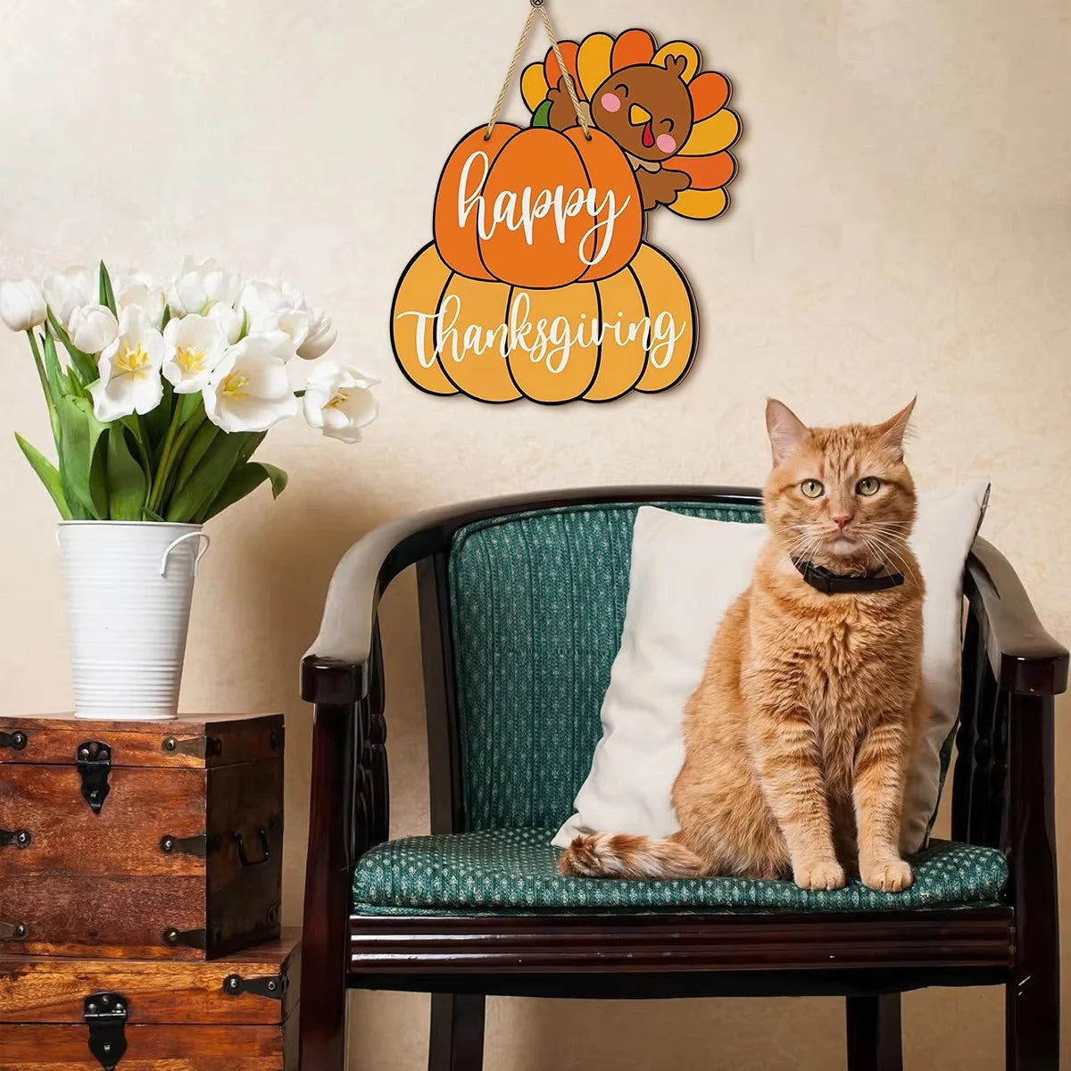 Thanksgiving Decorations Pumpkin Cute Wooden Sign with Turkey and Pumpkins - 