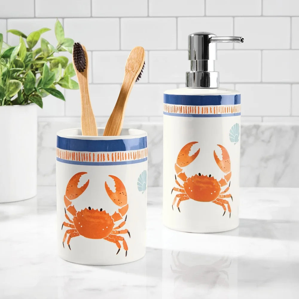 Ceramic Bath Accessory Set with Soap Lotion Pump and Multi-Purpose Toothbrush Holder Tumbler Novelty Crab Design Bathroom Decor