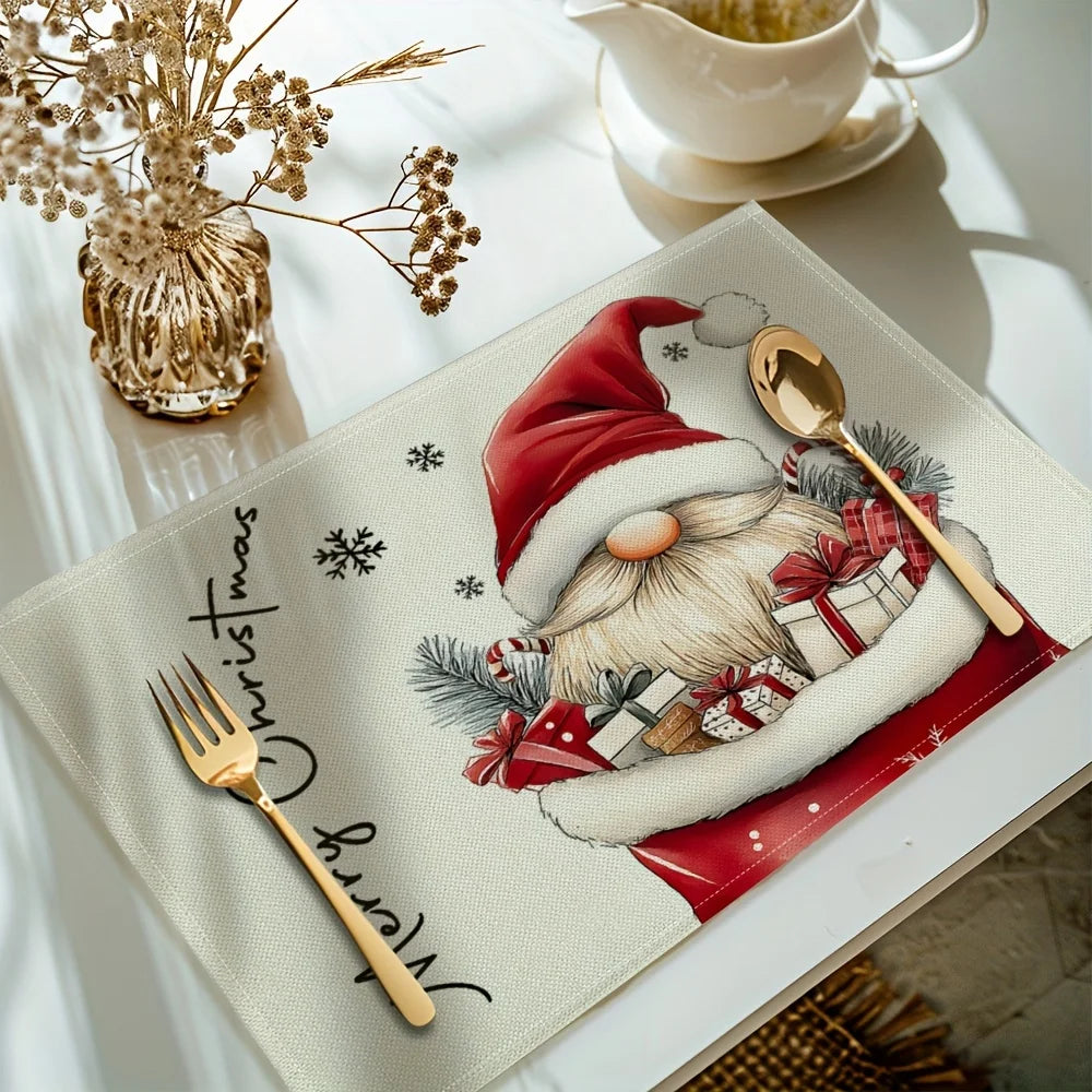 4pcs Christmas Dwarf Placemats,Christmas Fabric Decorative Table Insulation Mats, Suitable for Holiday Dining and Kitchen Table