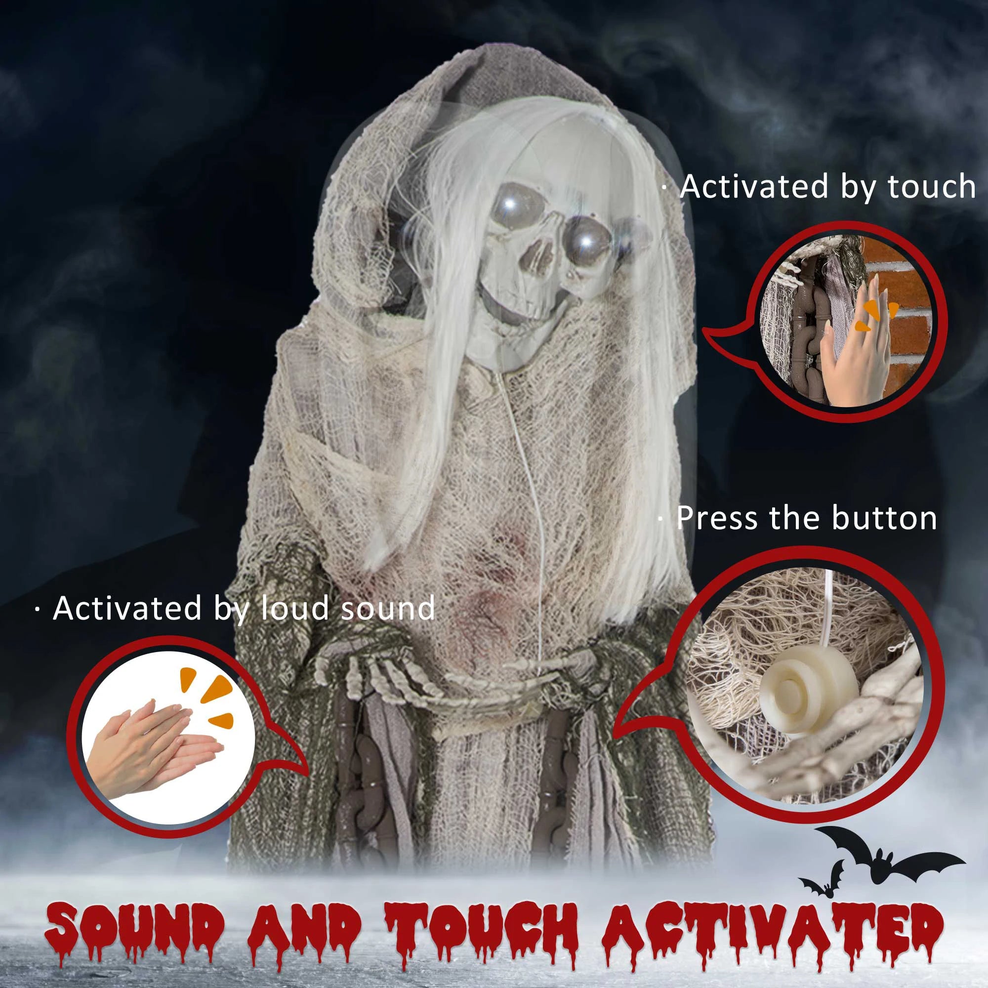 72-Inch Outdoor Halloween Decorations Skeleton Witch, Life Size Animated Scare Prop
